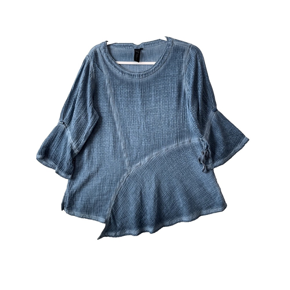 Focus Casual Life Blue Washed‎ Waffle Asymmetric Tunic Blouse S Boho Lagenlook